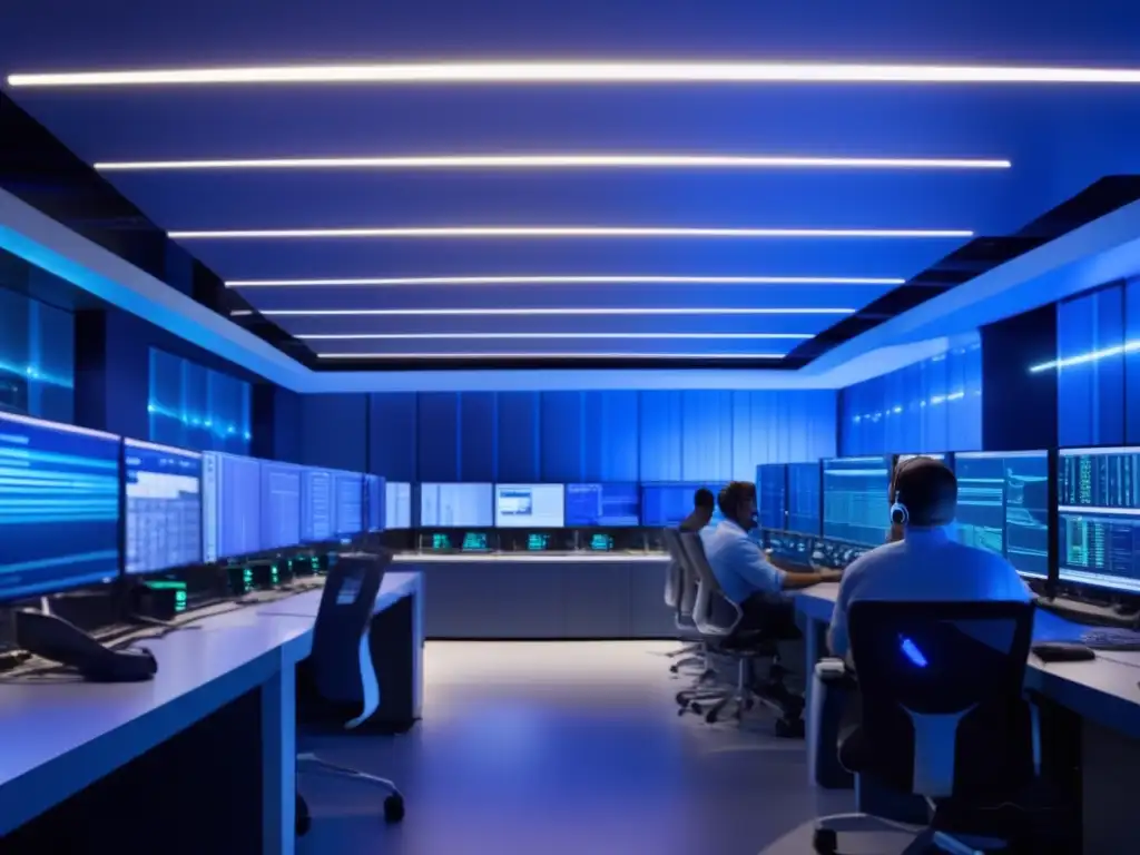 En la sala de operaciones, técnicos monitorean cables de fibra óptica bajo una luz azul
