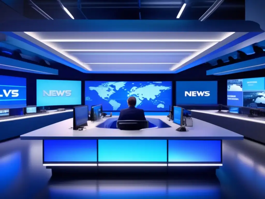 En una sala de redacción moderna, periodistas trabajan en sus estaciones mientras un gran muro de video muestra noticias en vivo
