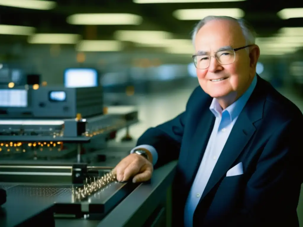 Gordon Moore en una sala de fabricación de semiconductores, rodeado de tecnología punta, reflexivo y visionario