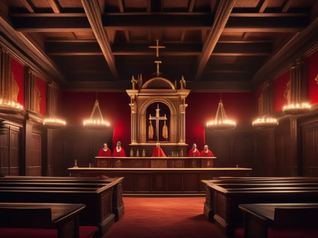 En una sala solemne de la Inquisición española, el poder religioso y político se refleja en la atmósfera tensa y autoritaria