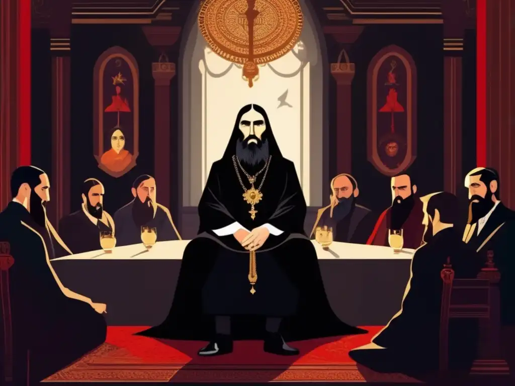 En una sala sombría, Rasputín, confidente de los Zares, rodeado de figuras misteriosas y símbolos de poder