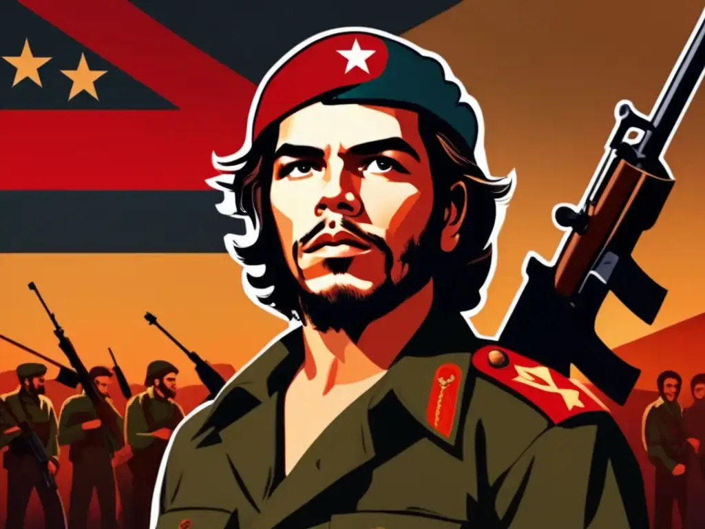 En una sala tenue, Che Guevara, con expresión determinada, rodeado de parafernalia revolucionaria