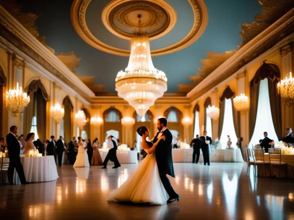 Un salón de baile opulento con parejas bailando el Vals vienés Johann Strauss II, iluminado por deslumbrantes candelabros de cristal