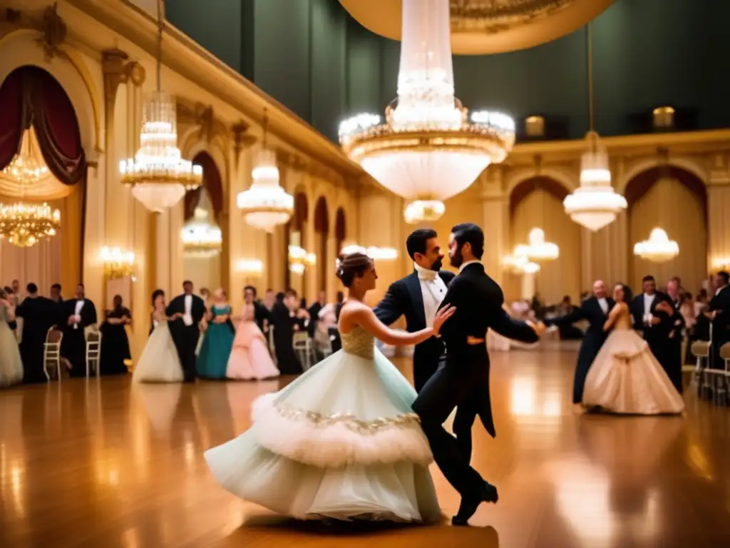 En un salón de baile, parejas elegantemente vestidas bailan al ritmo del Vals vienés Johann Strauss II, con una atmósfera opulenta y cálida
