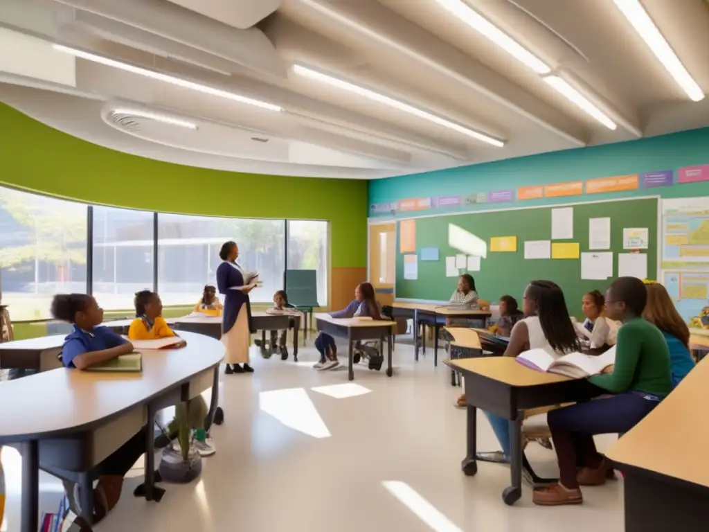 Salón de clases con filosofía pragmática educación John Dewey: ambiente de aprendizaje activo, colaborativo y estimulante, con mobiliario ergonómico, plantas y debates animados entre maestro y estudiantes