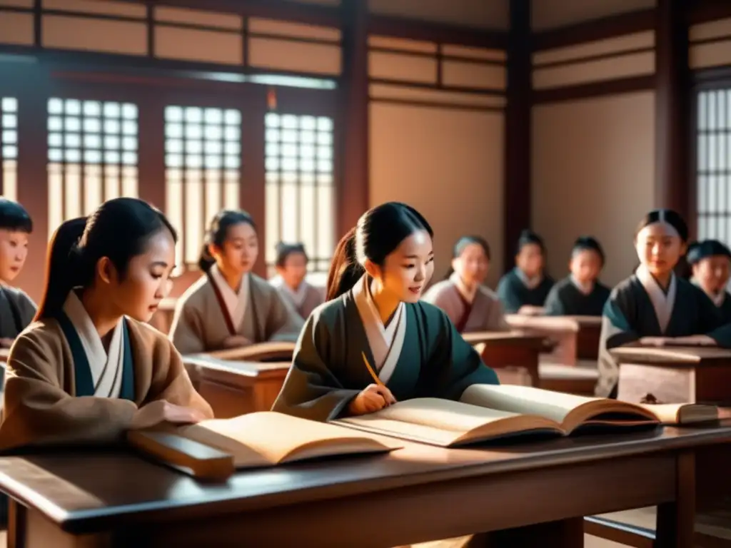 Un salón de clases chino tradicional en 8k ultradetallado, con Ban Zhao enseñando a alumnas rodeada de pergamino y artefactos antiguos