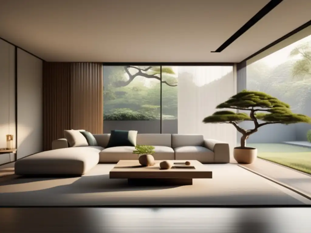 Salón contemporáneo con influencia zen de Dogen Zenji: minimalista, luminoso y armonioso, con vista al jardín