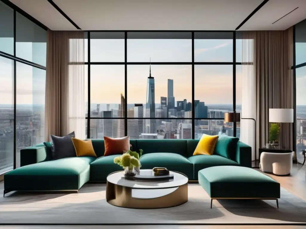 Un salón moderno con muebles elegantes y grandes ventanas con vista a la ciudad