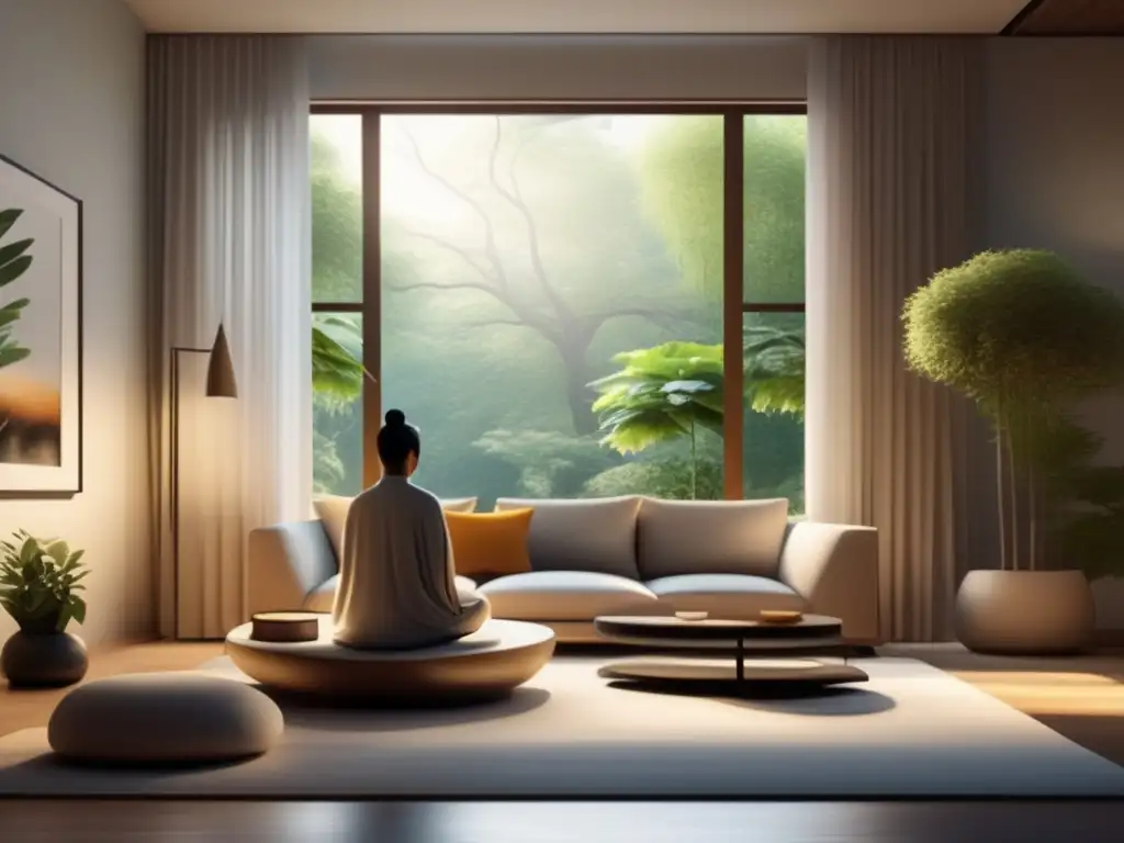 Un salón moderno y sereno con decoración minimalista, una gran ventana que da a un jardín tranquilo y luz natural