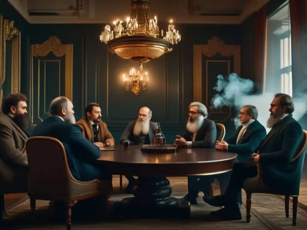 Un salón ornamentado, iluminado con tenues luces, muestra a intelectuales rusos debatiendo en una atmósfera de humo