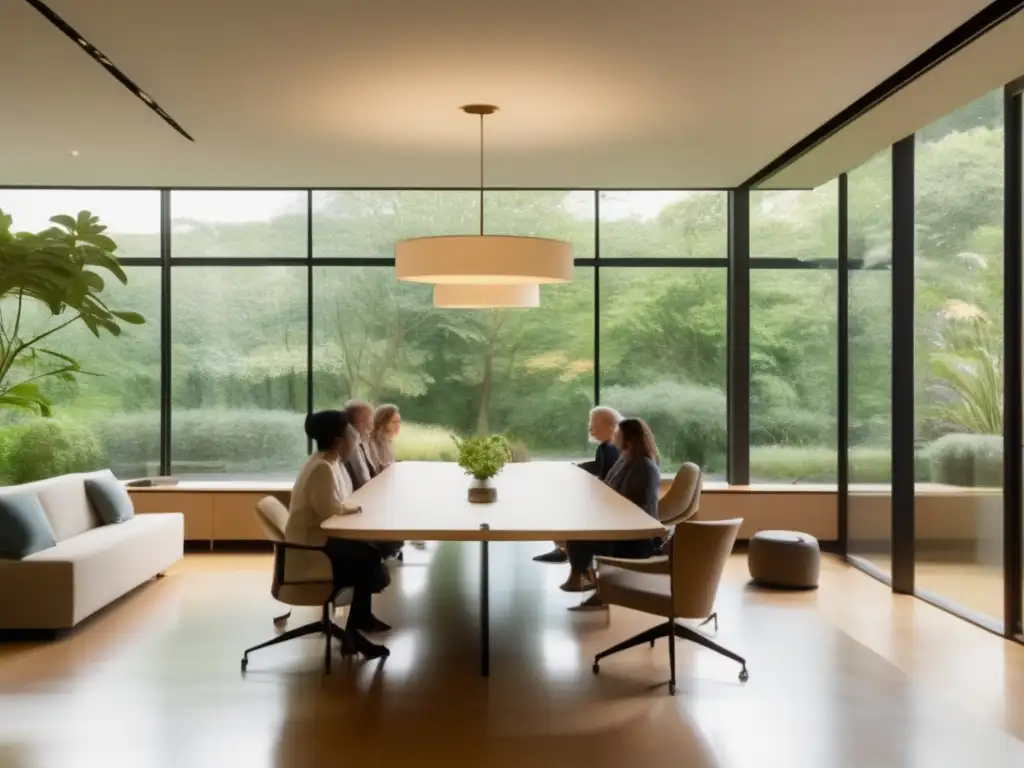 Un salón de reuniones moderno y sereno con vista a un jardín pacífico