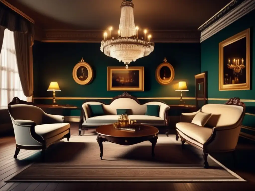 Un salón victoriano detallado en 8k, con muebles ornamentados, ricas tapicerías y una atmósfera tenue