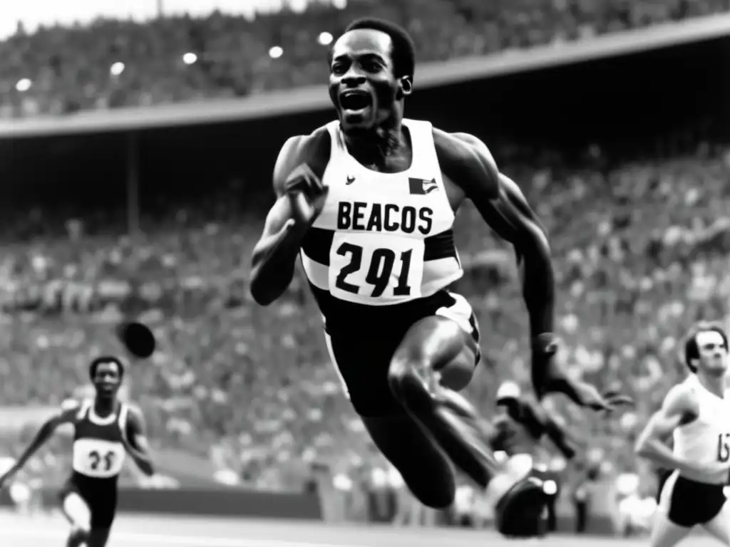 En el salto icónico de Bob Beamon en los Juegos Olímpicos de 1968, su determinación y fuerza son palpables