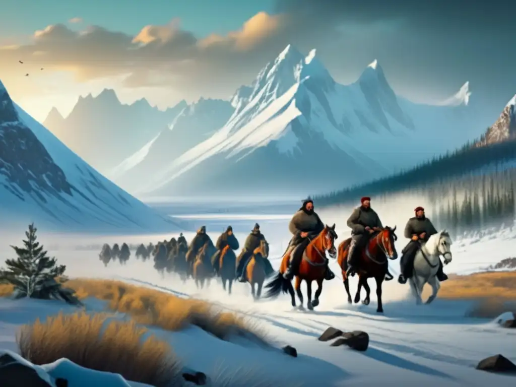 Expedición de Yermak Timoféyevich hacia Siberia: Yermak y sus Cossacks cabalgan valientemente por la salvaje y hermosa Siberia