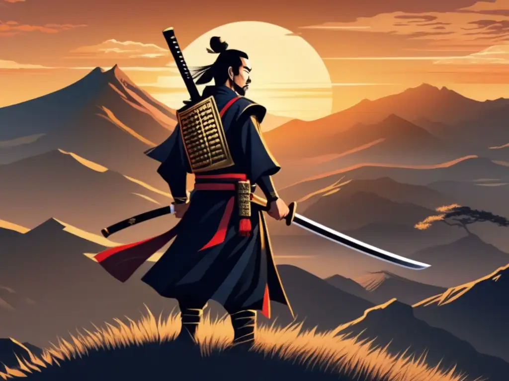 Un samurái en la cima de una montaña al amanecer, con sus dos espadas desenfundadas