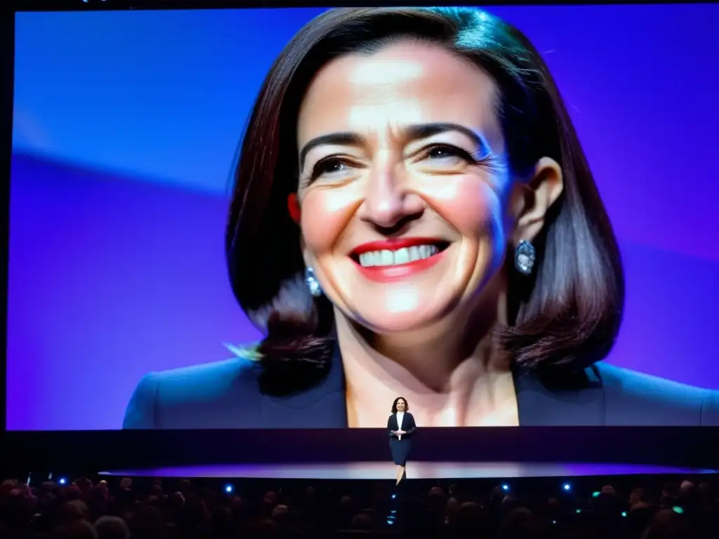 Sheryl Sandberg historia éxito femenino: Conferencia tecnológica, escenario moderno, audiencia diversa y comprometida