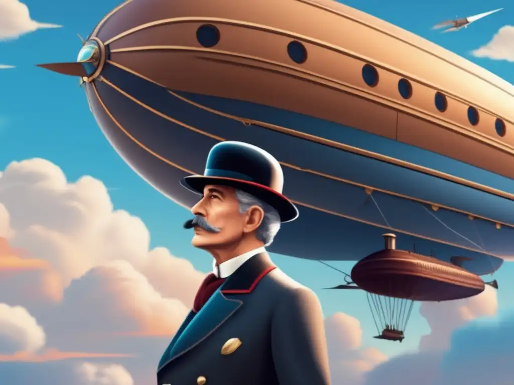 Santos Dumont, con su icónico dirigible, mira al horizonte en un cielo azul brillante
