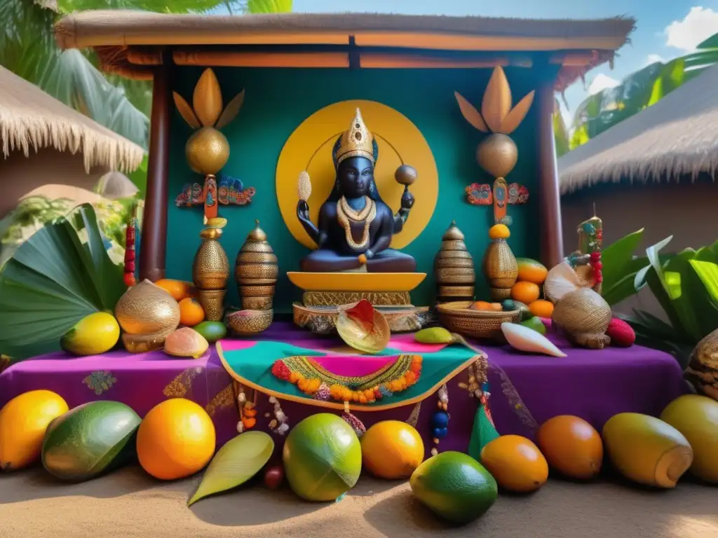 Un santuario impresionante de Mami Wata en África, con telas coloridas, tallas intrincadas y ofrendas de frutas y flores