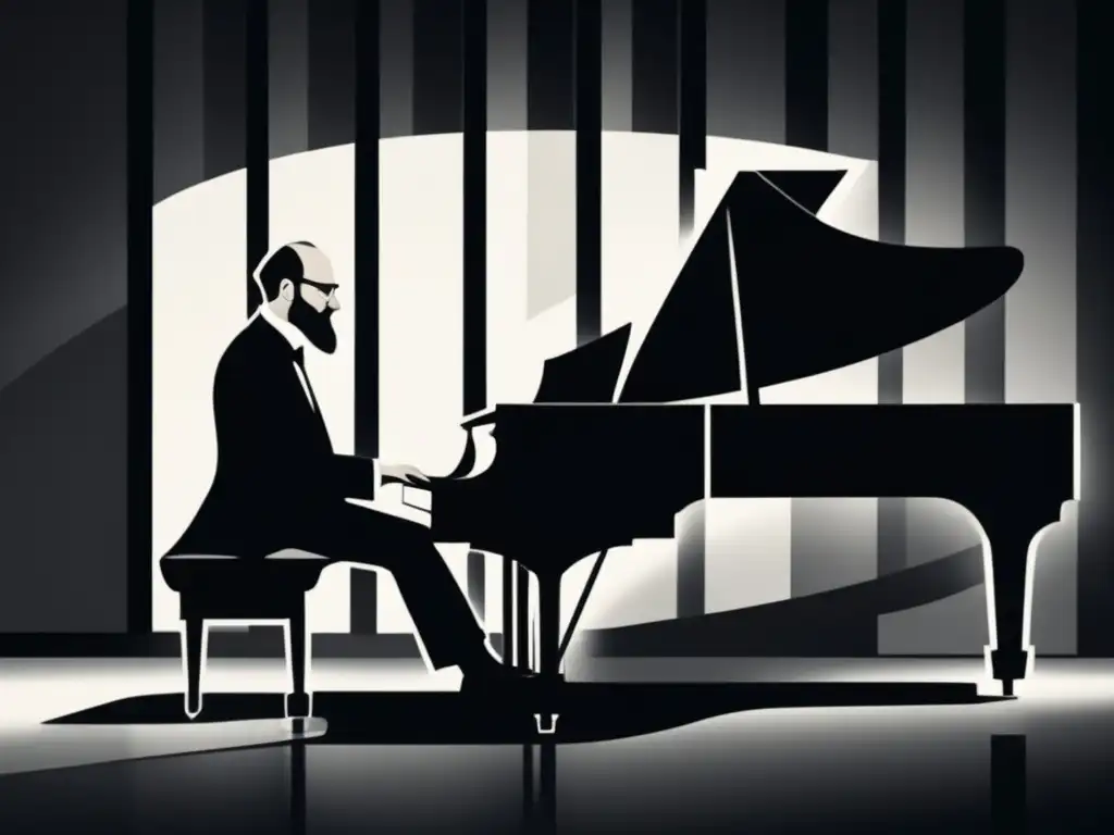 Erik Satie en un piano minimalista, rodeado de formas abstractas