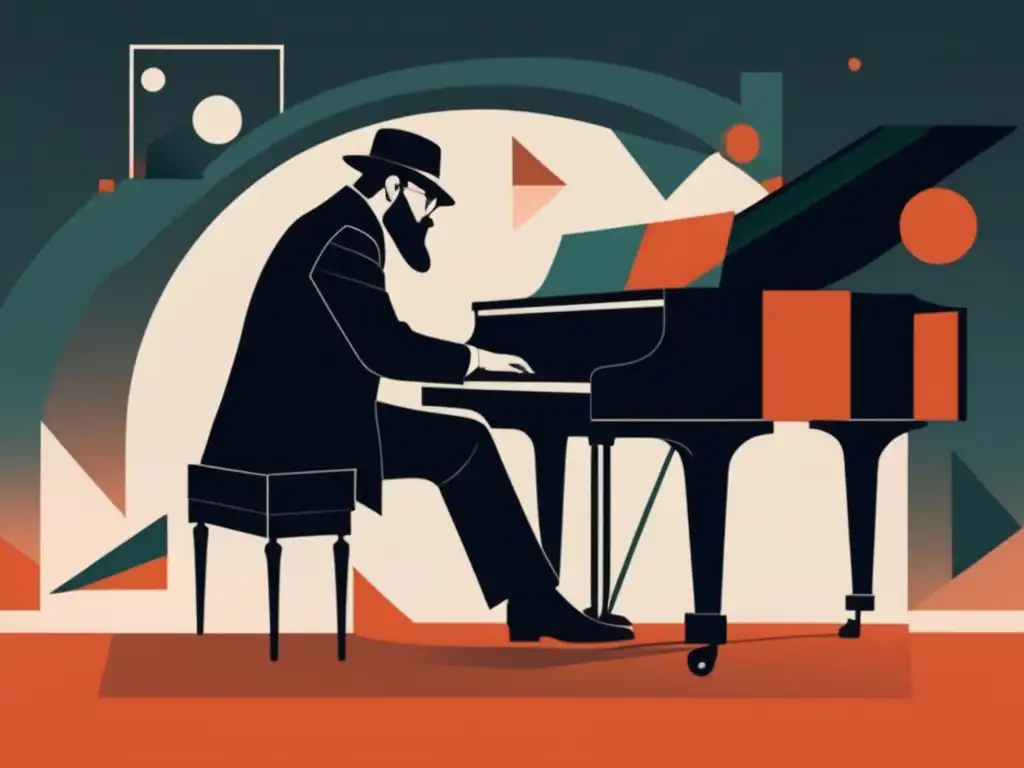 Erik Satie reflexiona en el piano rodeado de formas geométricas