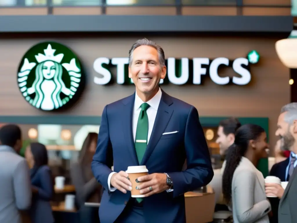 Howard Schultz, fundador de Starbucks, interactuando con clientes y personal en una tienda moderna