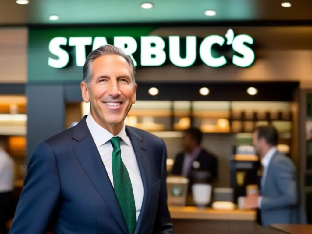 Howard Schultz, fundador de Starbucks, frente a una tienda concurrida, transmite determinación y éxito empresarial