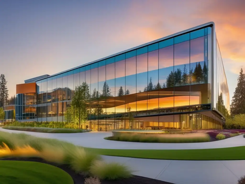 La sede de Microsoft se yergue en un atardecer vibrante, reflejando el cielo cálido en su fachada de vidrio