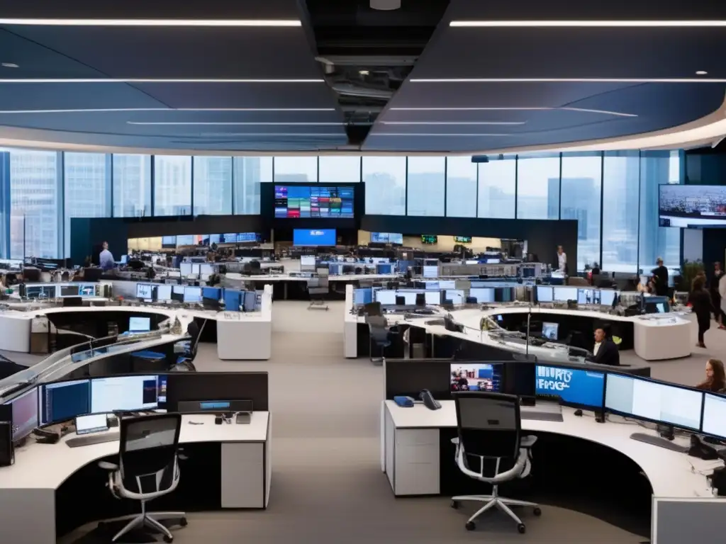 En la sede de un importante medio de comunicación, periodistas y editores trabajan en un espacio moderno y dinámico, iluminado por la luz natural