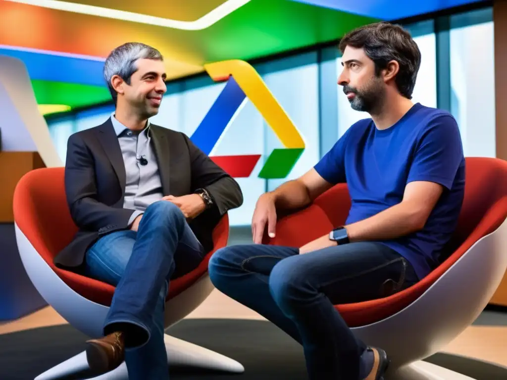 Larry Page y Sergey Brin discuten en la sede de Google, rodeados de tecnología puntera y diseño futurista