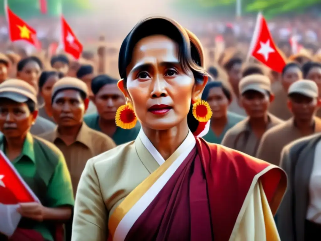 Aung San Suu Kyi lidera a sus seguidores con determinación, expresando su pasión y convicción mientras la rodean pancartas y banderas