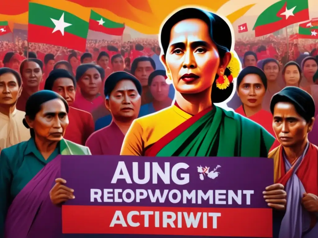 Aung San Suu Kyi biografía completa: Aung San Suu Kyi lidera a sus seguidores con determinación, rodeada de mensajes de libertad y empoderamiento