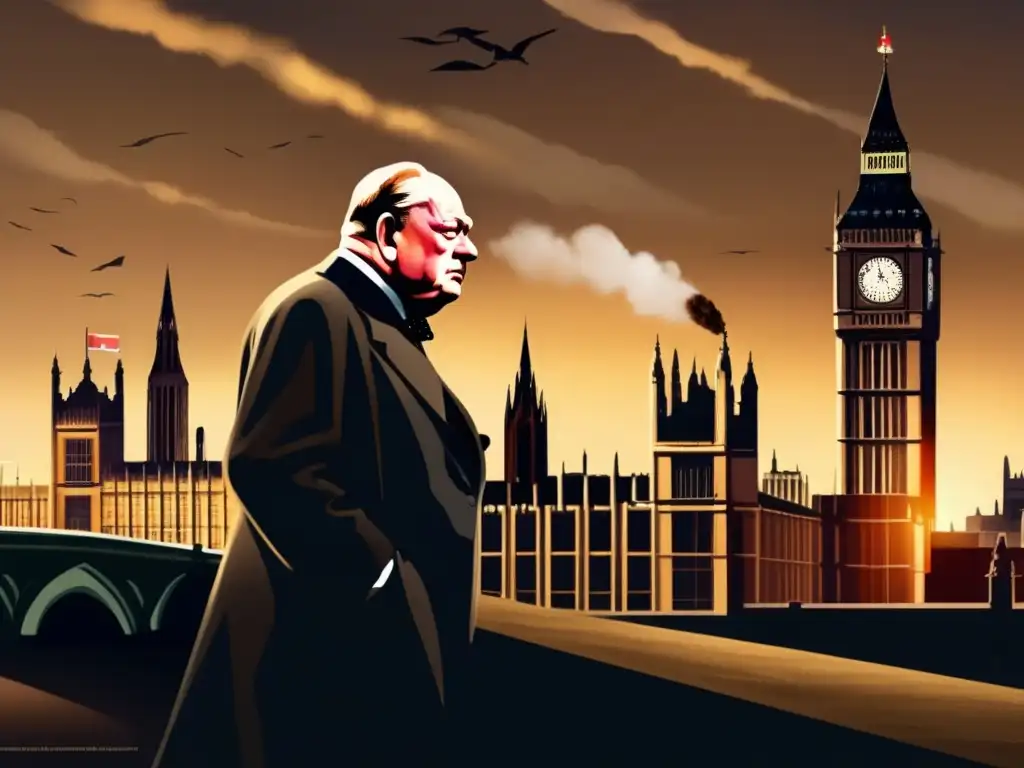 Winston Churchill liderando con determinación en la Segunda Guerra Mundial, con Londres iluminada de fondo