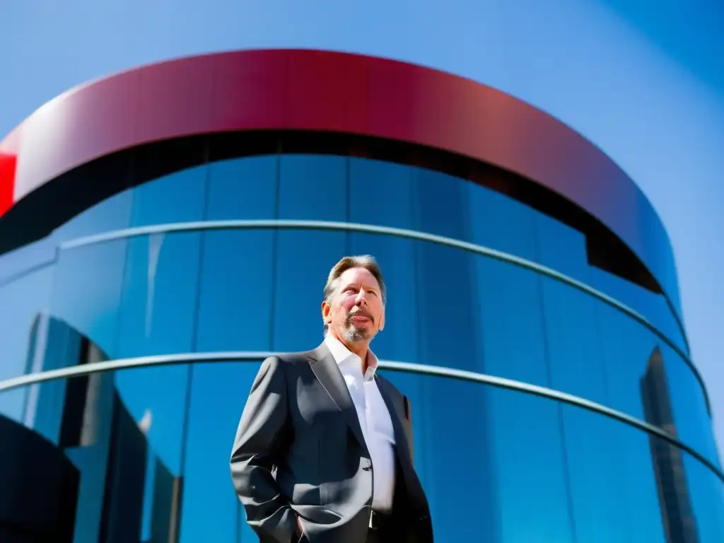 Larry Ellison, líder seguro en la sede de Oracle, reflejando el cielo azul y la ciudad