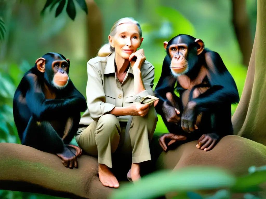 En la selva, Jane Goodall se sienta entre chimpancés, estableciendo una conexión profunda