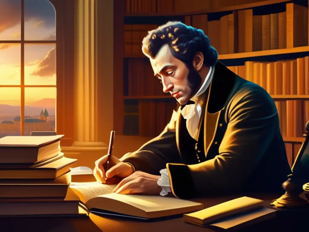 Alexander Pushkin: Retrato literario en paisaje ruso- Alexander Pushkin, con semblante reflexivo, rodeado de libros y papel, contempla un paisaje ruso