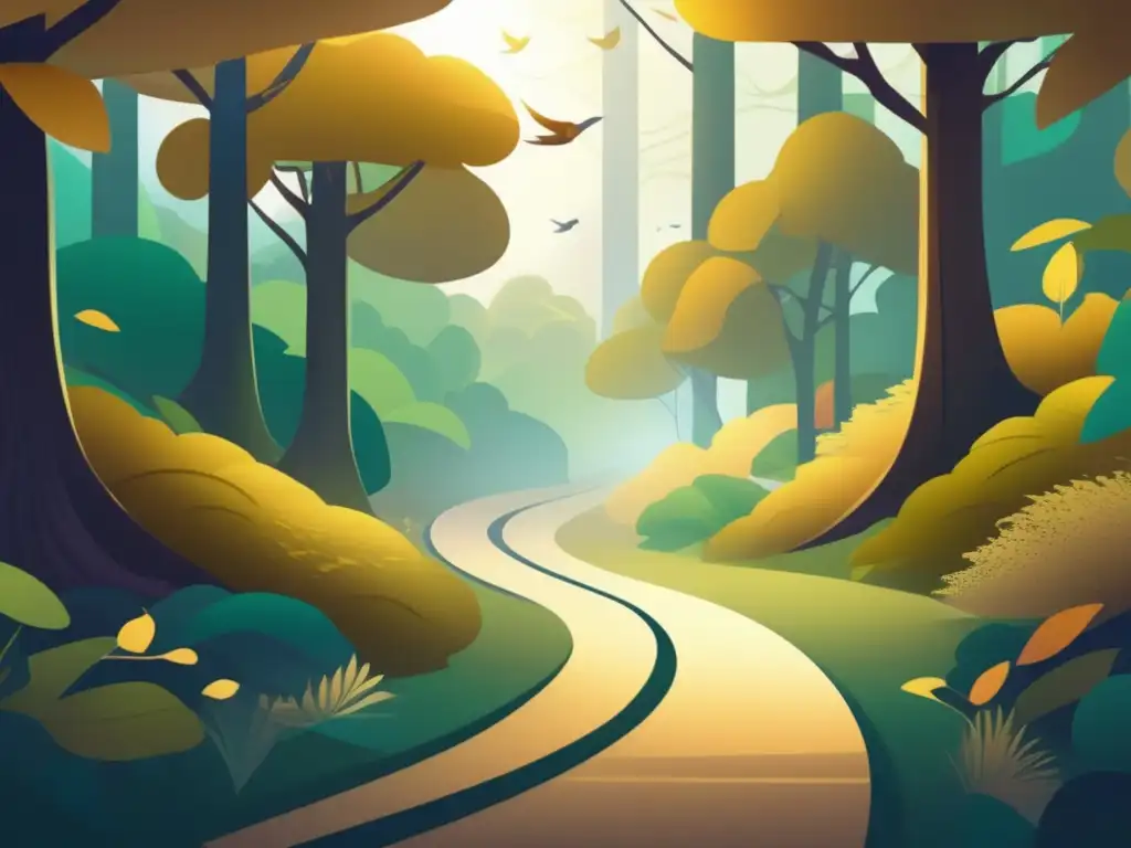 Un sendero dorado serpentea entre árboles antiguos en un bosque vibrante