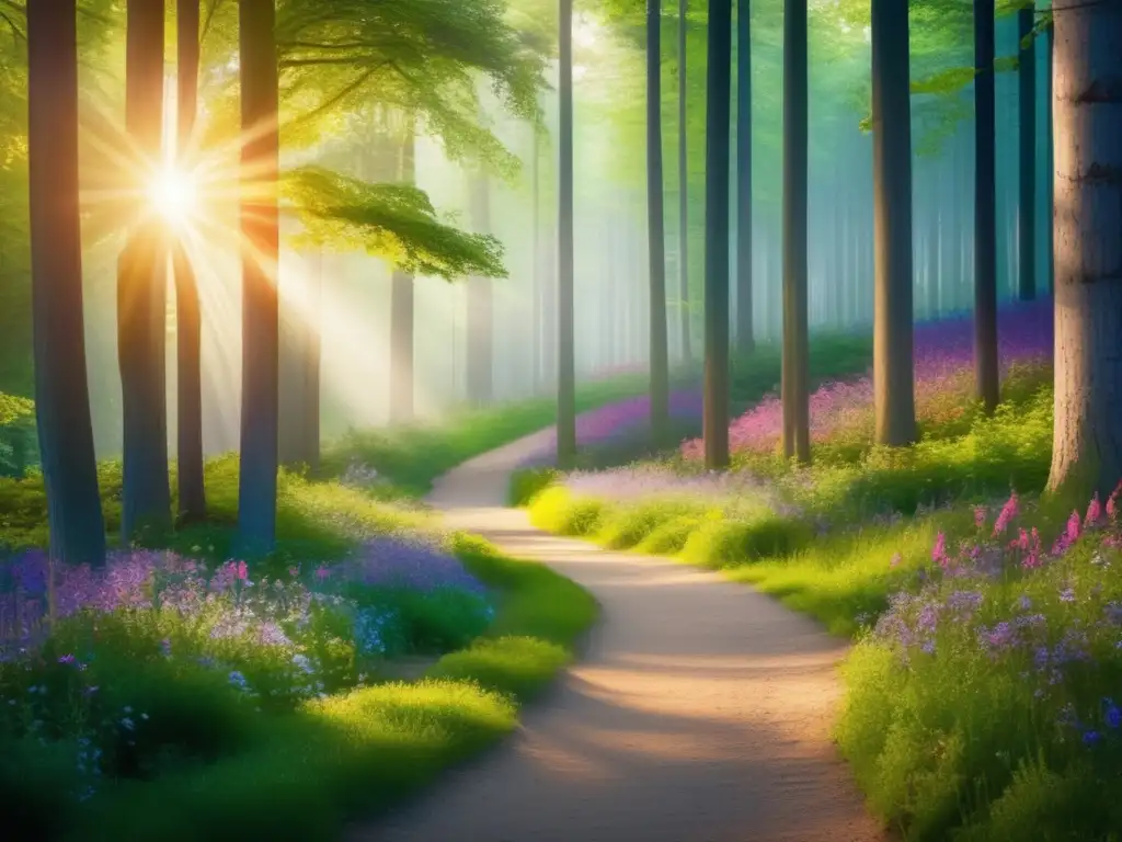 Un sendero serpenteante entre árboles y flores silvestres, bañado por la luz del sol