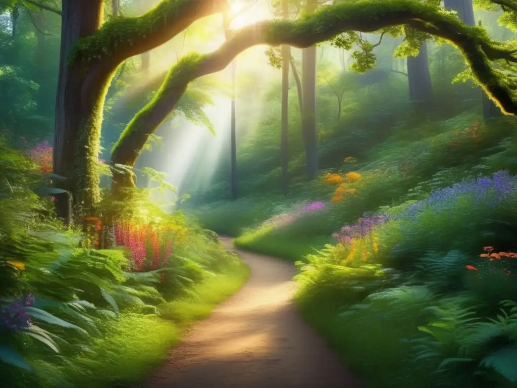 Bosque sereno: Sendero floral y luz divina - Agustín de Hipona Un sendero serpenteante a través de un exuberante bosque, bañado por la luz del sol