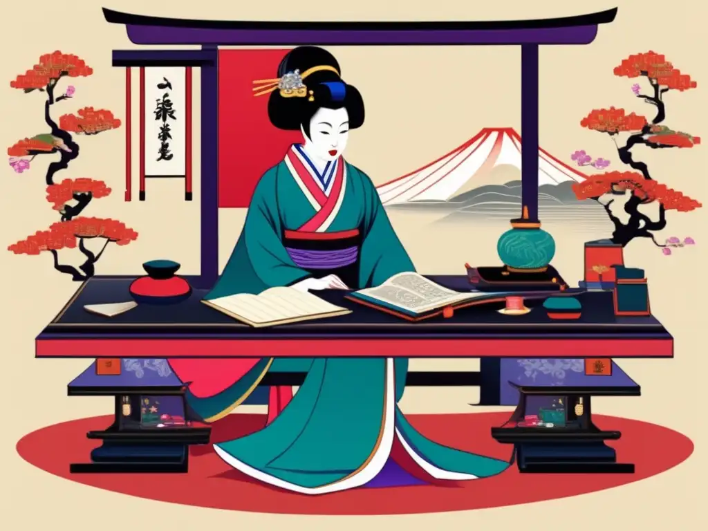 Serenidad literaria: Lady Murasaki en su escritorio japonés En la ilustración digital, Lady Murasaki está sentada en un escritorio japonés rodeada de pergaminos y útiles de escritura