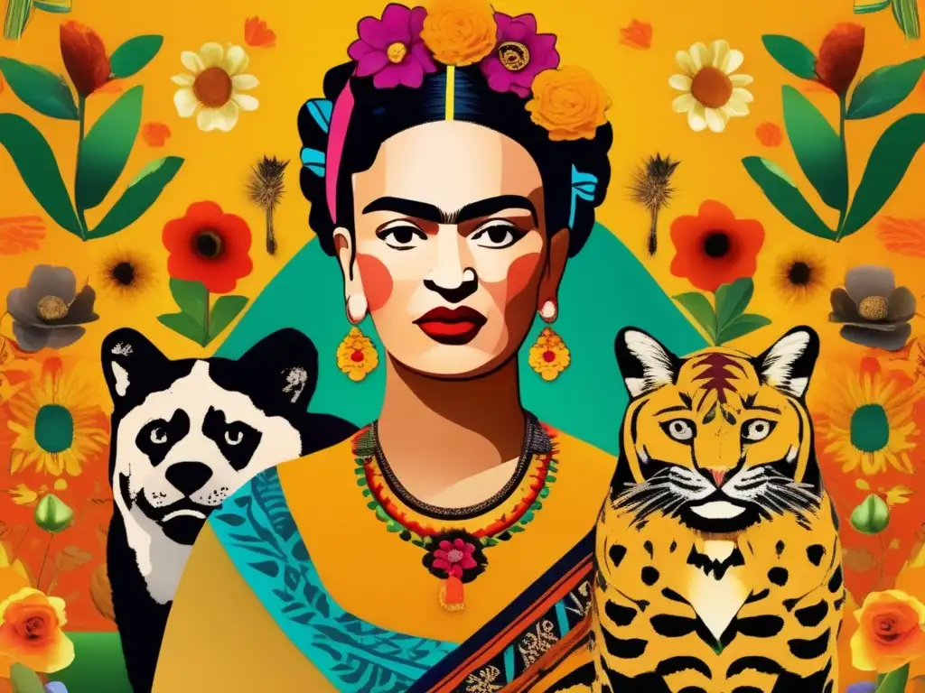 Frida Kahlo sentada frente a sus icónicos autorretratos, rodeada de motivos mexicanos vibrantes