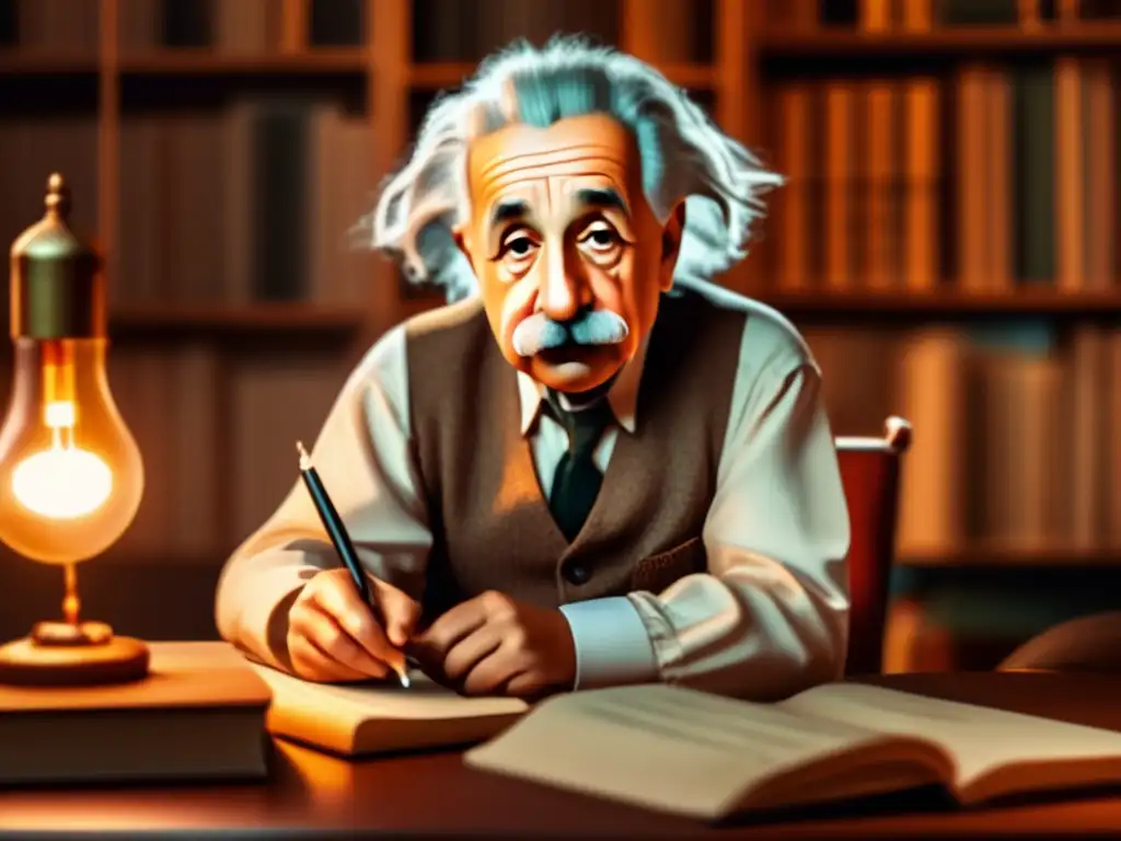 Una fotografía de alta resolución de Albert Einstein sentado en su escritorio, rodeado de libros y papeles, escribiendo ecuaciones