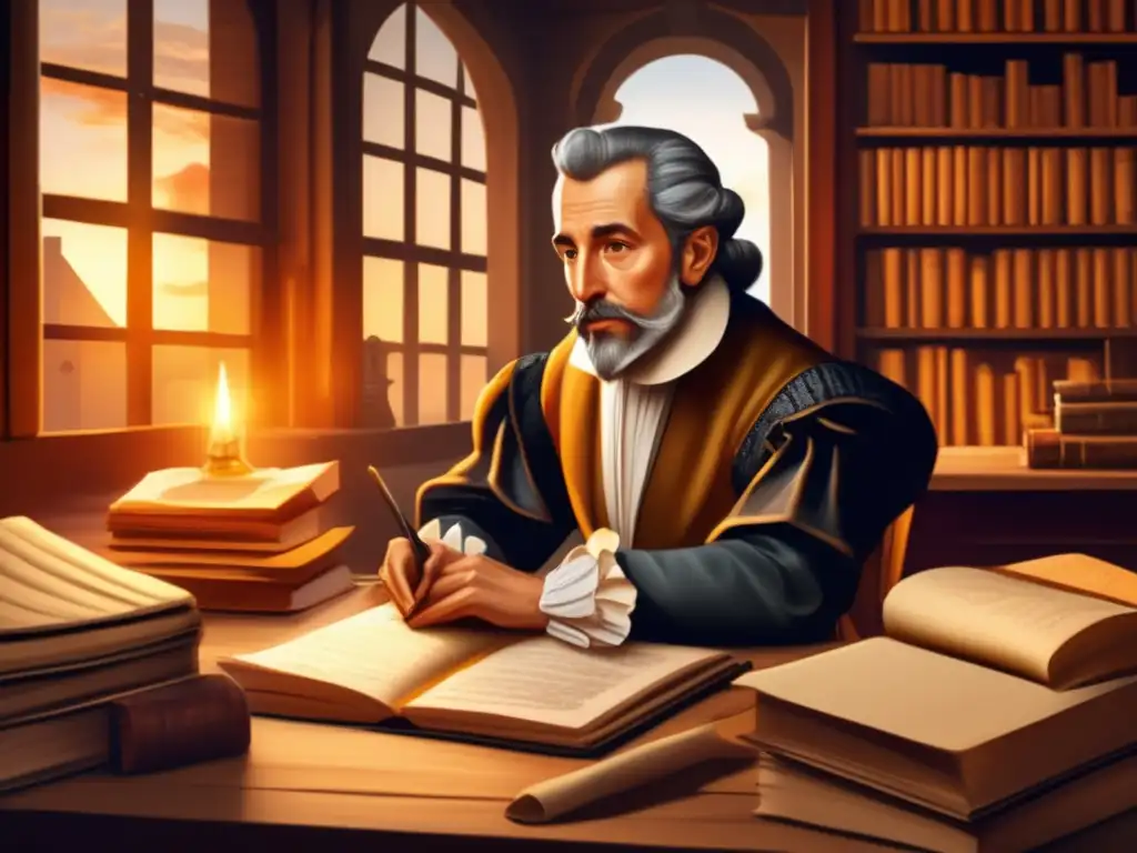 En la ilustración, Miguel de Cervantes está sentado en su escritorio, rodeado de manuscritos y libros