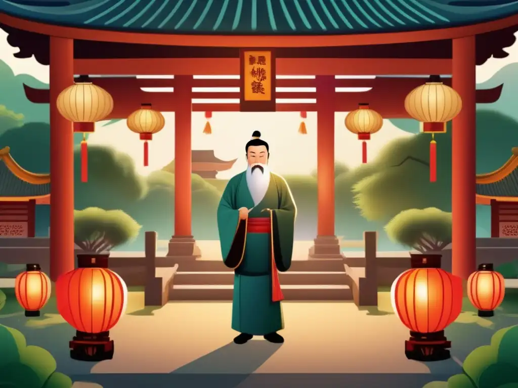 En la serena ilustración digital, Confucio reflexiona en un jardín tranquilo, rodeado de arquitectura china antigua y exuberante vegetación
