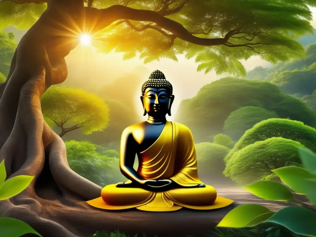 Una representación serena de Gautama Buda meditando bajo el árbol Bodhi en India, rodeado de exuberante vegetación y una atmósfera tranquila