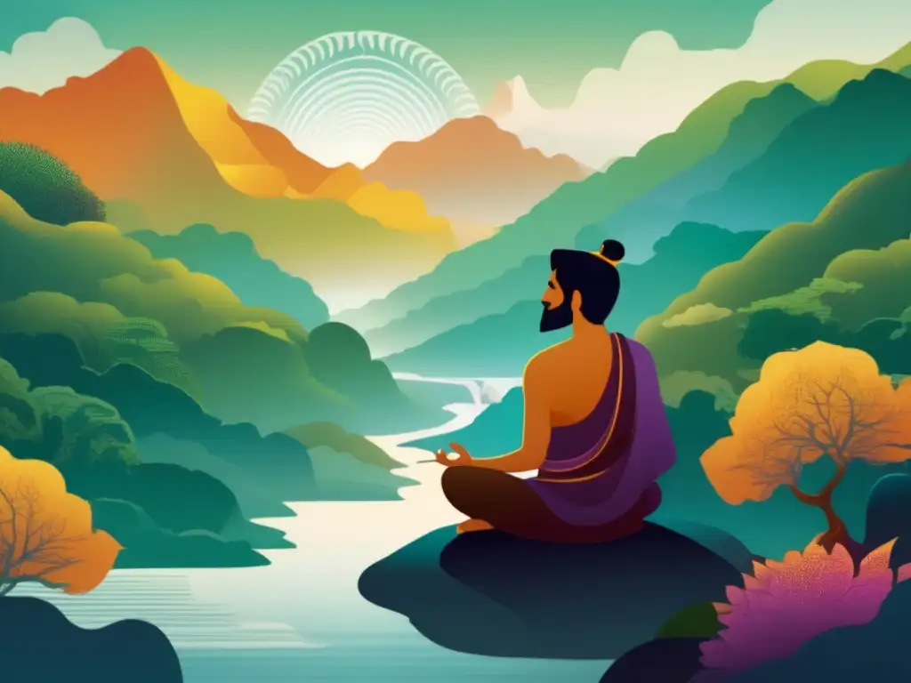 Ilustración serena de Nagarjuna meditando en un paisaje montañoso y boscoso, capturando la influencia budista Mahayana de la vacuidad en Nagarjuna