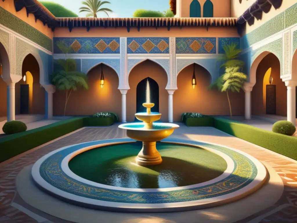 Una serena biografía de Rumi poeta sufí cobra vida en un patio soleado con mosaicos y una fuente rodeada de exuberante vegetación