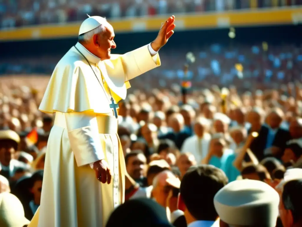 Bendición papal: la influencia carismática de Juan Pablo II El Papa Juan Pablo II irradia serenidad y autoridad al bendecir a la multitud en una imagen vibrante