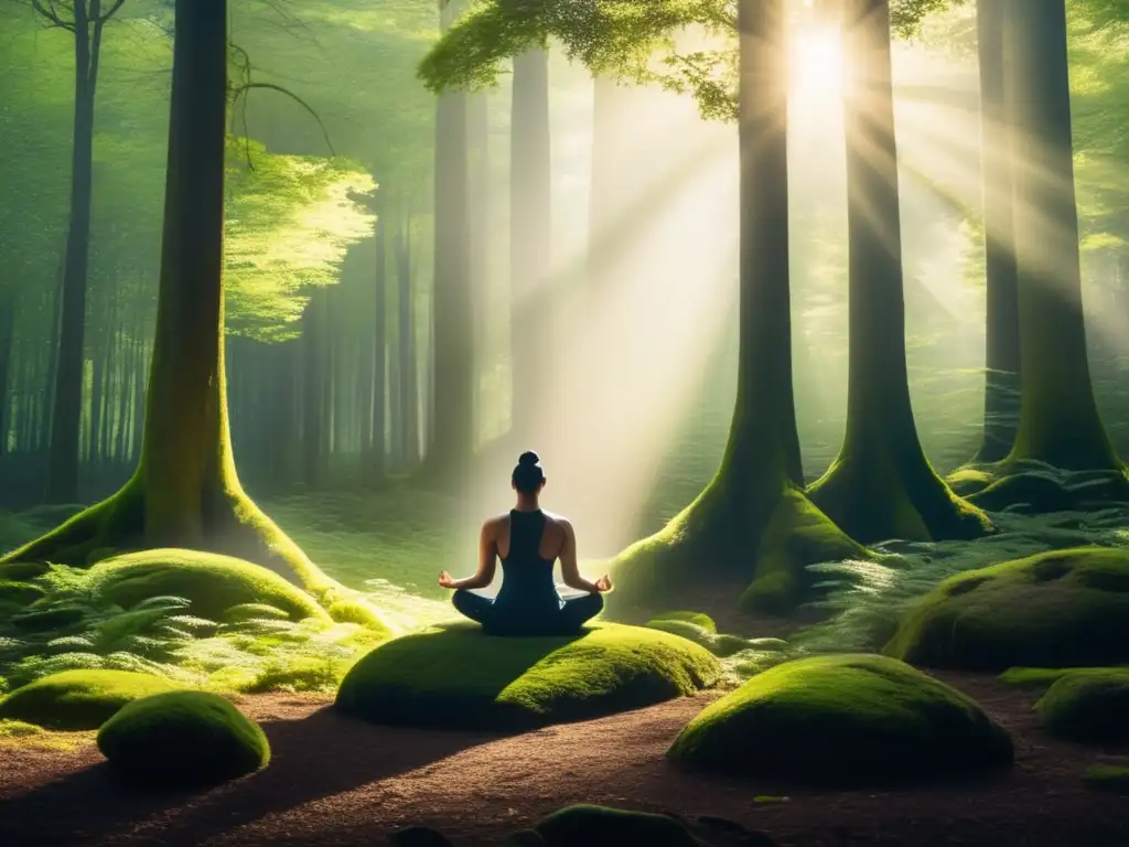 Un sereno bosque iluminado por el sol, donde una figura medita entre altos árboles