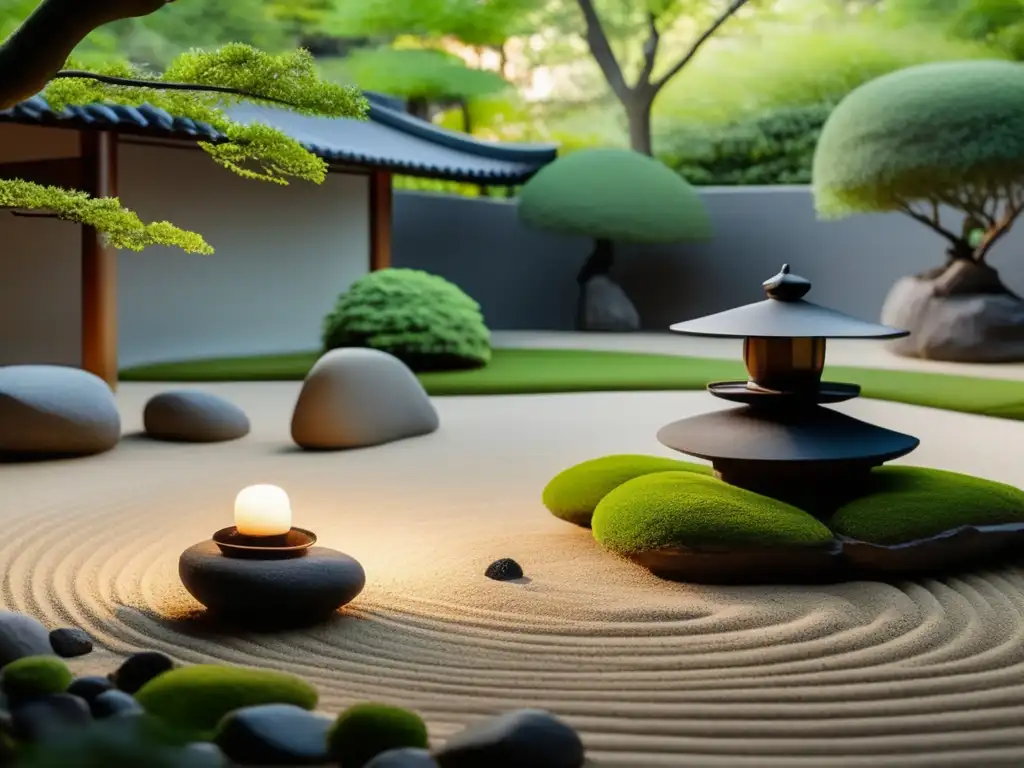 Un jardín Zen sereno y equilibrado con grava rastrillada y rocas cuidadosamente colocadas