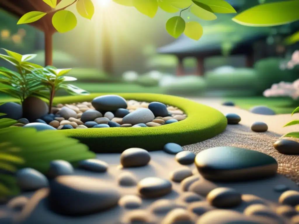 Zen garden japonés en 8k: serenidad y belleza naturaleza Un jardín zen sereno con piedras, grava, vegetación exuberante y una pagoda japonesa: un oasis de paz y transformación budista
